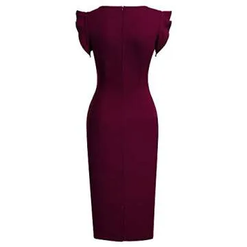 Miusol Women's Retro Ruffle Style Slim Work Pencil Dress(Medium, Burgundy)