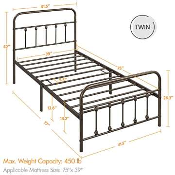 Topeakmart Twin Size Victorian Style Metal Bed Frame with Headboard/Mattress Foundation/No Box Sprin...