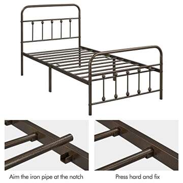 Topeakmart Twin Size Victorian Style Metal Bed Frame with Headboard/Mattress Foundation/No Box Spring Needed/Under Bed Storage/Strong Slat Support Bronze