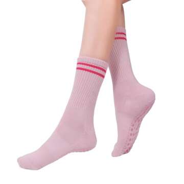 JUCHYDii Yoga Socks with Grips for Women, Non Slip Grip Socks for Pilates, Barre, Dance, Ballet, Workouts (Grey/Pink-X2P)