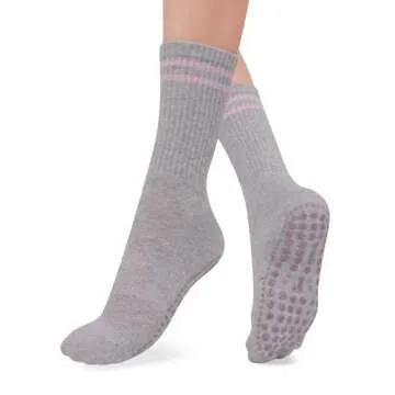 JUCHYDii Yoga Socks with Grips for Women, Non Slip Grip Socks for Pilates, Barre, Dance, Ballet, Workouts (Grey/Pink-X2P)