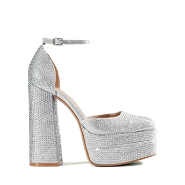 DREAM PAIRS Women’s High Chunky Platform Heels Silver-Rhinestone