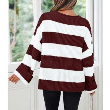 ZESICA Women's Fall Long Sleeve Crew Neck Striped Color Block Comfy Loose Oversized Knitted Pullover Sweater,Wine,Medium