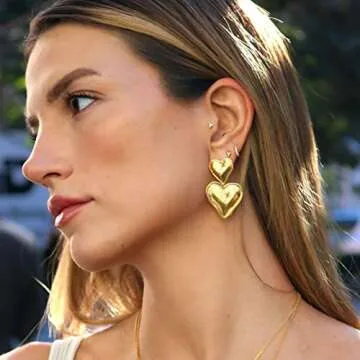 Gold Double Heart Dangle Drop Earrings for Women, Silver Heart Stud Earrings, Hypoallergenic Heart Earrings for Women Gifts