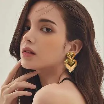 Gold Double Heart Dangle Drop Earrings for Women, Silver Heart Stud Earrings, Hypoallergenic Heart Earrings for Women Gifts