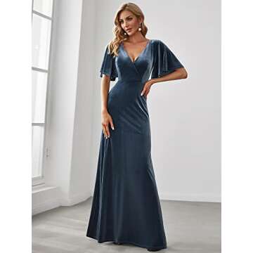 Ever-Pretty Women's Retro Evening Gown A Line V-Neck Wrap Velvet Long Formal Dresses Dusty Navy US12