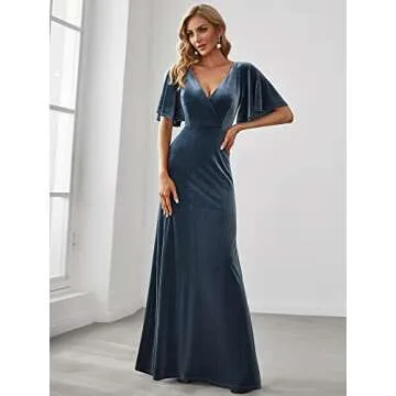 Ever-Pretty Women's Retro Evening Gown A Line V-Neck Wrap Velvet Long Formal Dresses Dusty Navy US12