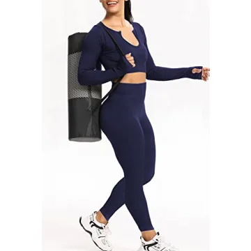 Hwnovdy Women's Ribbed Seamless Workout Set Navy Blue