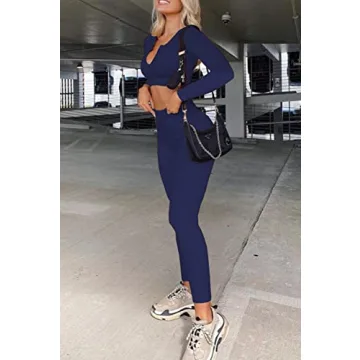 Hwnovdy Women's Ribbed Seamless Workout Set Navy Blue