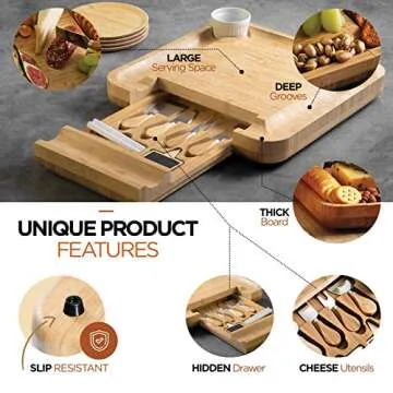 Premium Bamboo Cheese Board Set, Unique Charcuterie Board Set Includes Meat & Cheese Tray, 4 Serving Bamboo Plates, Utensils, Cutlery & Ceramic Bowls - Elegant Holiday & Housewarming Gift Set