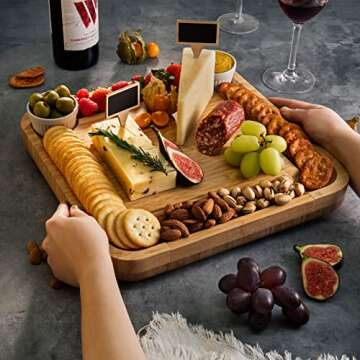 Premium Bamboo Cheese Board Set, Unique Charcuterie Board Set Includes Meat & Cheese Tray, 4 Serving Bamboo Plates, Utensils, Cutlery & Ceramic Bowls - Elegant Holiday & Housewarming Gift Set