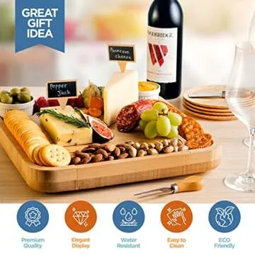 Premium Bamboo Cheese Board Set, Unique Charcuterie Board Set Includes Meat & Cheese Tray, 4 Serving Bamboo Plates, Utensils, Cutlery & Ceramic Bowls - Elegant Holiday & Housewarming Gift Set