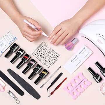 NICOLE DIARY Gel Nail Polish Starter Kit with 48W UV Light White Black Red Pink Silver Gold GLitter ...