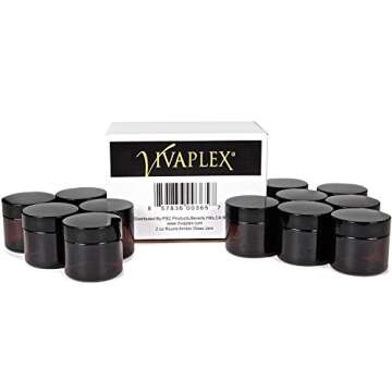 Vivaplex, 12, Amber, 2 oz, Round Glass Jars, with Inner Liners and black Lids