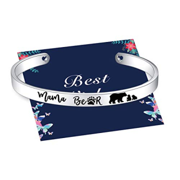 Veeshy Mama Bear Cuff Bracelets, Mother with Two 2 Cubs Bangles, Womens Stainless Steel Jewelry, Chr...