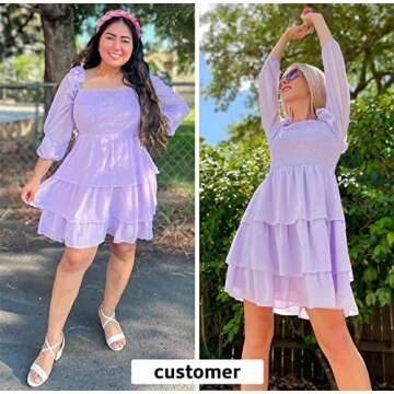 Byinns Women's Smocked Ruffle Mini Dress Square Neck Long Sleeve Party Dress Cute Cottagecore Wedding Guest Dress Purple
