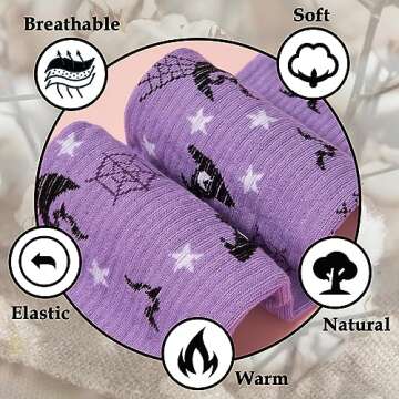 Moon Wood Plus Size Thigh High Socks for Thick Thighs- Womens Halloween Knit Cotton Extra Long Over the Knee High Socks Leg Warmer (Purple & Black)