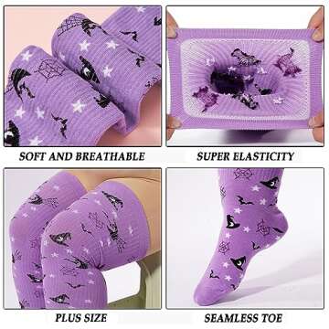 Moon Wood Plus Size Thigh High Socks for Thick Thighs- Womens Halloween Knit Cotton Extra Long Over the Knee High Socks Leg Warmer (Purple & Black)