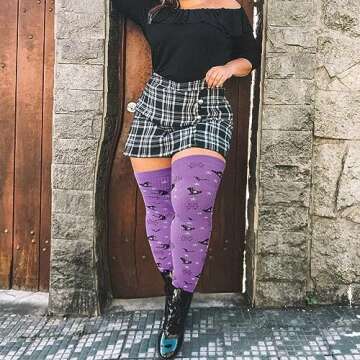 Moon Wood Plus Size Thigh High Socks for Thick Thighs- Womens Halloween Knit Cotton Extra Long Over the Knee High Socks Leg Warmer (Purple & Black)