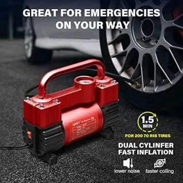 GSPSCN Red Tire Inflator Heavy Duty Double Cylinders, Portable Metal DC 12V Air Compressor - Car Accessories，150PSI Tire Pump with Adapter for Car, Truck, SUV Tires, Dinghy, Air Bed etc