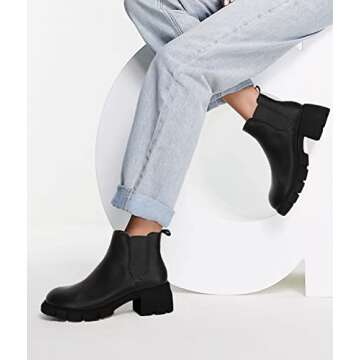 Juliet Holy Womens Lug Sole Platform Ankle Booties Chelsea Slip on Chunky Block Heel Leather Combat Boots