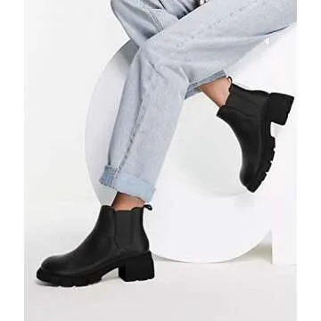 Juliet Holy Womens Lug Sole Platform Ankle Booties Chelsea Slip on Chunky Block Heel Leather Combat Boots