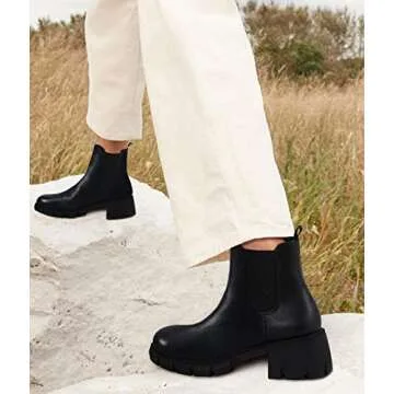 Juliet Holy Womens Lug Sole Platform Ankle Booties Chelsea Slip on Chunky Block Heel Leather Combat Boots