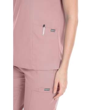 niaahinn Scrub Suit Set for Women Modern V-neck Top & Tapered Leg Jogger Pants with Drawstring Medical Nursing Uniforms Set (Pink, XS)
