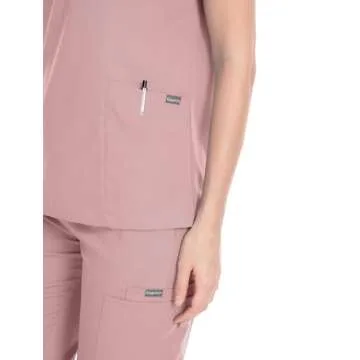 niaahinn Scrub Suit Set for Women Modern V-neck Top & Tapered Leg Jogger Pants with Drawstring Medical Nursing Uniforms Set (Pink, XS)
