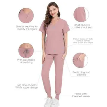 niaahinn Scrub Suit Set for Women Modern V-neck Top & Tapered Leg Jogger Pants with Drawstring Medical Nursing Uniforms Set (Pink, XS)
