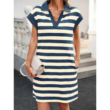 Wenrine Women’s Striped Summer Mini Dress - Casual Cap Sleeve Polo V Neck T Shirt Dress with Pocke...