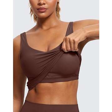 CRZ YOGA Butterluxe Womens V Neck Longline Sports Bra - U Back Padded Crop Workout Tank Tops with Built in Pads Taupe Small