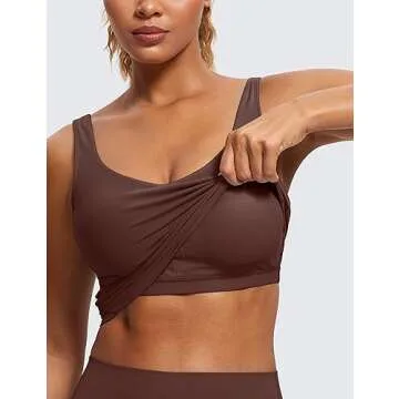 CRZ YOGA Butterluxe Womens V Neck Longline Sports Bra - U Back Padded Crop Workout Tank Tops with Built in Pads Taupe Small