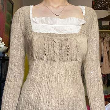 Women Vintage Floral Print Crop Top Long Sleeve Y2k Tshirt Slim Fit Blouse Tee 90s E-Girl Streetwear（Knitted Khaki，S）