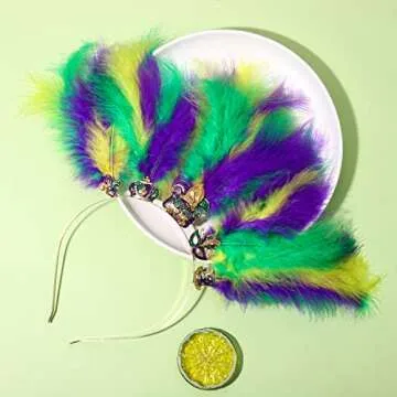 YAHPERN Mardi Gras Headbands for Women Mask Fleur De Lis Hairband Carnival Feather Headwear Mardi Gras Hair Accessory Gifts