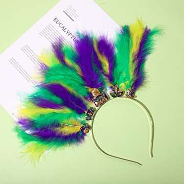 YAHPERN Mardi Gras Headbands for Women Mask Fleur De Lis Hairband Carnival Feather Headwear Mardi Gras Hair Accessory Gifts