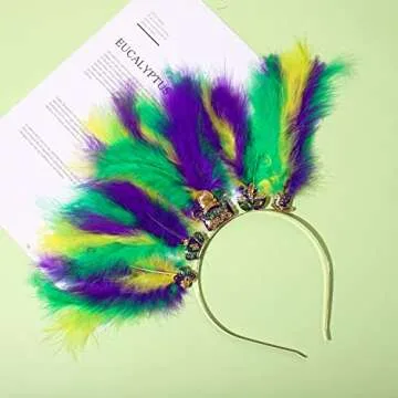 YAHPERN Mardi Gras Headbands for Women Mask Fleur De Lis Hairband Carnival Feather Headwear Mardi Gras Hair Accessory Gifts