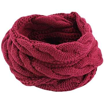 BaiX Women's Thick Ribbed Cable Knit Infinity Scarf - Warm Maroon Cowl