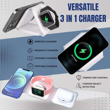 Foldable 3 in 1 Wireless Charger (Kit) WITH (20W PD Adapter)& (Carrying Case) Wireless 3-in-1 Folding Travel Charger for Apple devices, Magnetic Charger for iPhone 15 14 13 12 Pro/Max iWatch & AirPods