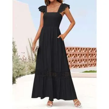 ZESICA Women's 2025 Summer Lace Strap Sleeveless Square Neck Smocked High Waist Ruffle Dress in Blac...
