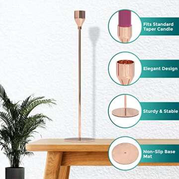 Rose Gold Candlestick Holders for Taper Candles, Set of 3 Taper Candle Holders for Candlesticks, Ideal for Home Décor, Wedding, Birthday Party, Date Night, Thanksgiving Or Other Special Occasions