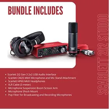 Focusrite Scarlett 2i2 Studio 3rd Gen USB Audio Interface Bundle with Desktop Boom Arm Mic Stand, Mic Shock Mount for 44-47mm Microphones and Pop Filter (4 Items)