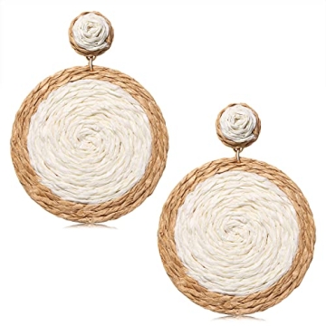 Rattan Earrings Boho Summer Beach Raffia Earrings for Women Handmade Rattan Ball Disc Dangle Drop Ea...
