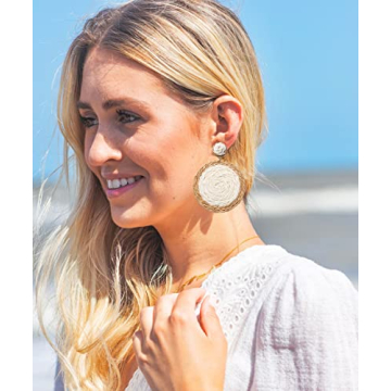 Rattan Earrings Boho Summer Beach Raffia Earrings for Women Handmade Rattan Ball Disc Dangle Drop Earrings Vacation Accessory Gifts (White)