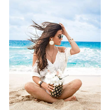 Rattan Earrings Boho Summer Beach Raffia Earrings for Women Handmade Rattan Ball Disc Dangle Drop Earrings Vacation Accessory Gifts (White)