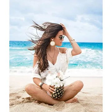 Rattan Earrings Boho Summer Beach Raffia Earrings for Women Handmade Rattan Ball Disc Dangle Drop Earrings Vacation Accessory Gifts (White)