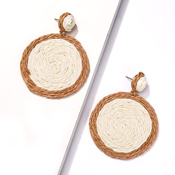 Rattan Earrings Boho Summer Beach Raffia Earrings for Women Handmade Rattan Ball Disc Dangle Drop Earrings Vacation Accessory Gifts (White)