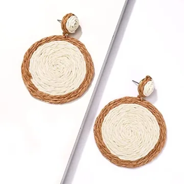 Rattan Earrings Boho Summer Beach Raffia Earrings for Women Handmade Rattan Ball Disc Dangle Drop Earrings Vacation Accessory Gifts (White)