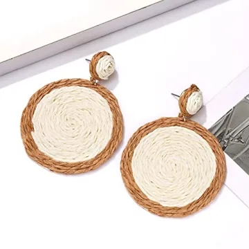 Rattan Earrings Boho Summer Beach Raffia Earrings for Women Handmade Rattan Ball Disc Dangle Drop Earrings Vacation Accessory Gifts (White)