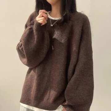 Generic Women's SFall & Winter Solid Chic Split Hem Crewneck Knitting Jumper, Basic Casual Loose Long Sleeve Sweater for Daily (US, Alpha, Medium, Regular, Regular, Coffee)
